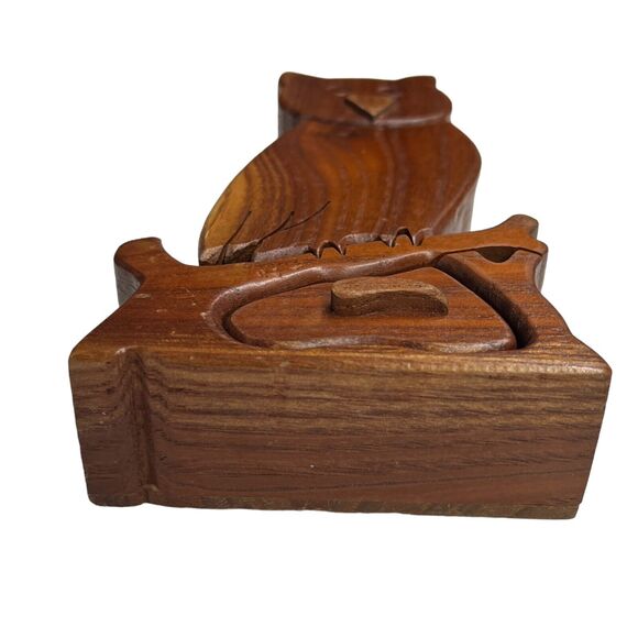 Hand-Carved Wooden Owl Puzzle‎ Box 2- Pieces Hidden Drawers Jewlery Box - Picture 6 of 6